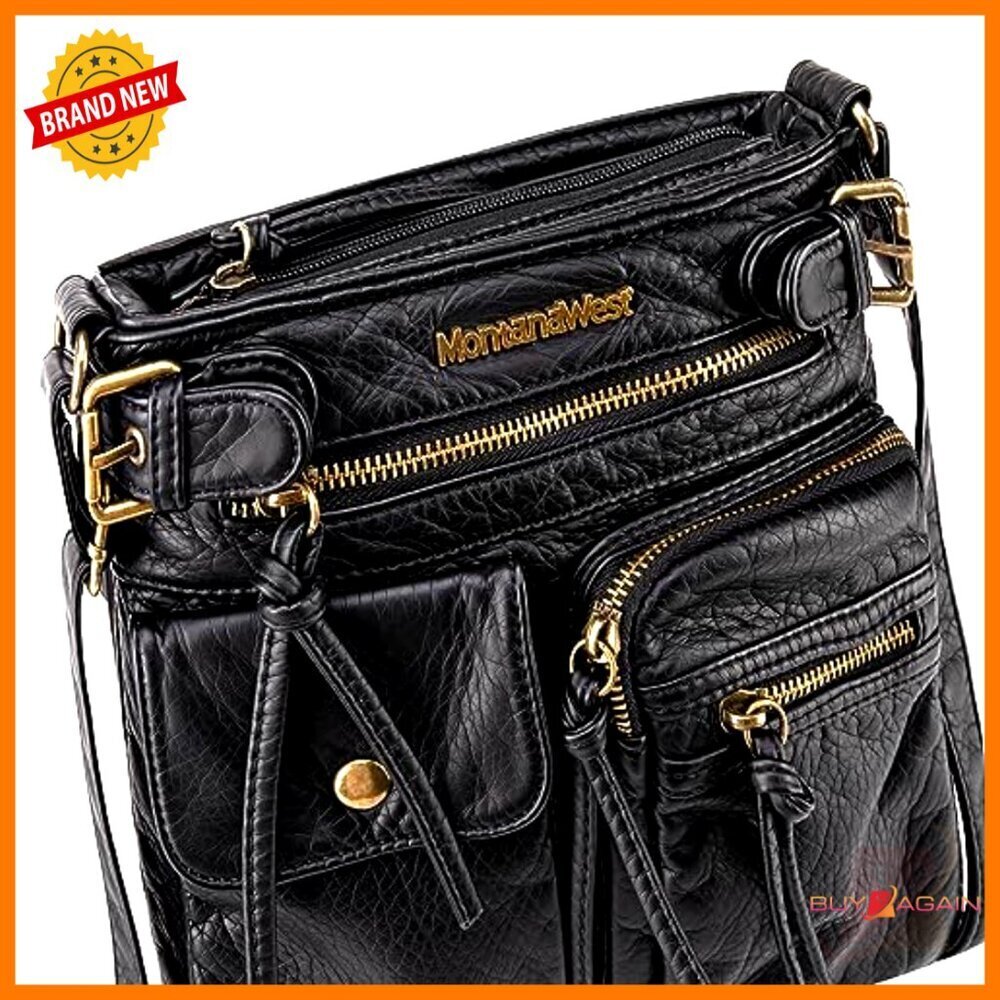Vegan Leather Crossbody Bag with 9 Pockets, Adjustable Strap - Picture 4 of 7
